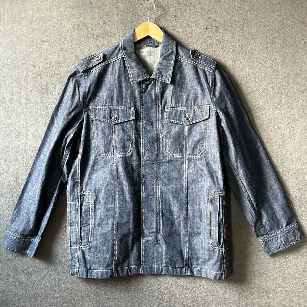 Blue Denim Car Chore Coat Men's XL U2 Epaulettes Pockets Minimalist